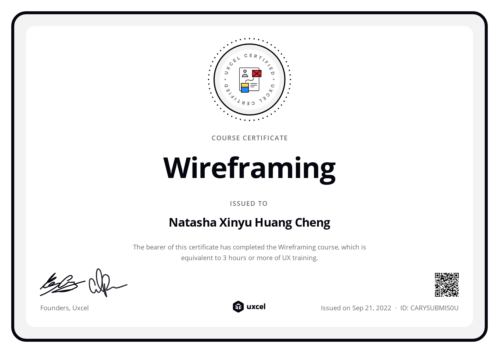 Natasha Xinyu Huang Cheng's certificate